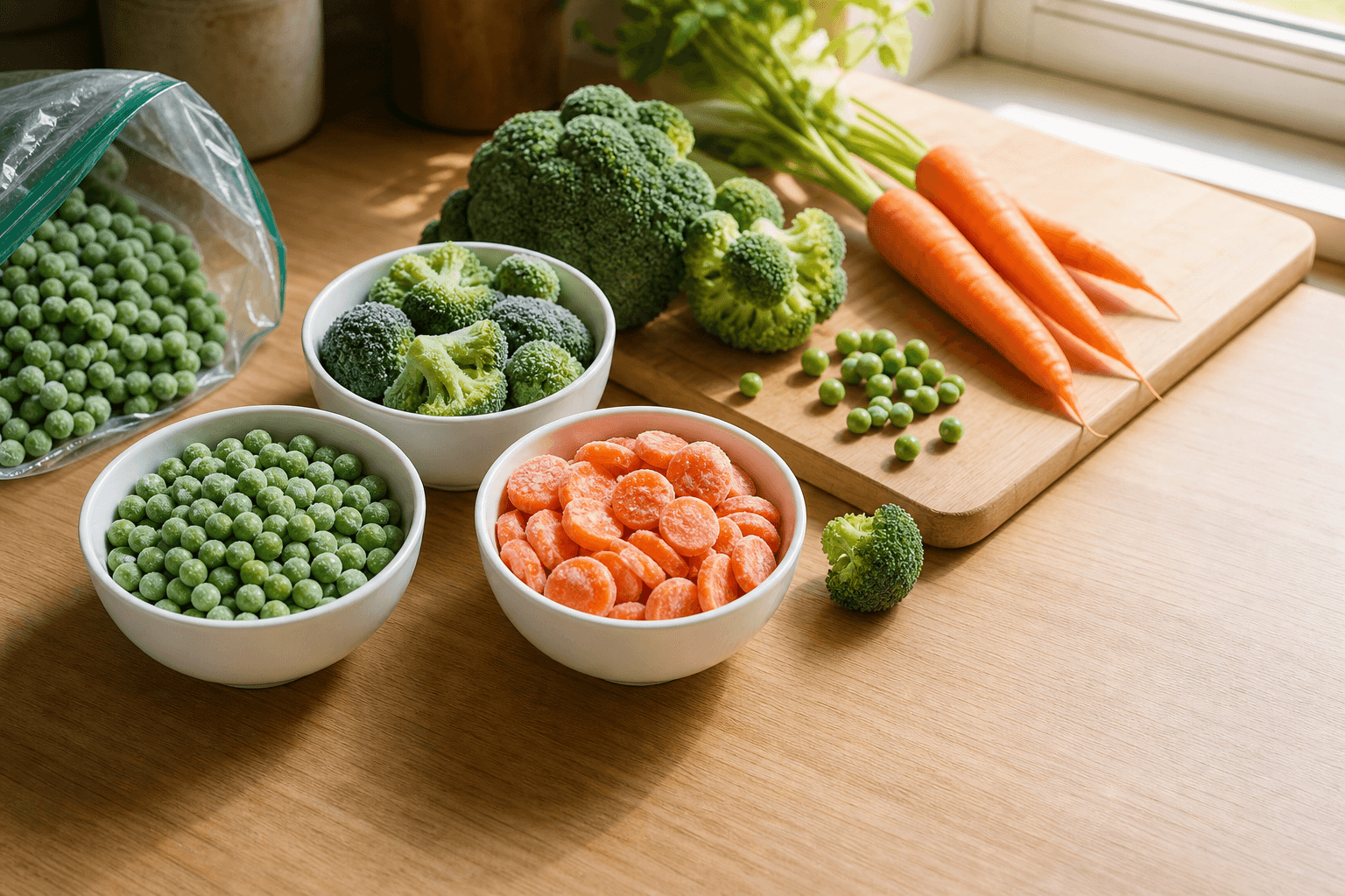 Frozen peas, broccoli florets and sliced carrots in bowls beside the same fresh vegetables on a kitchen counter