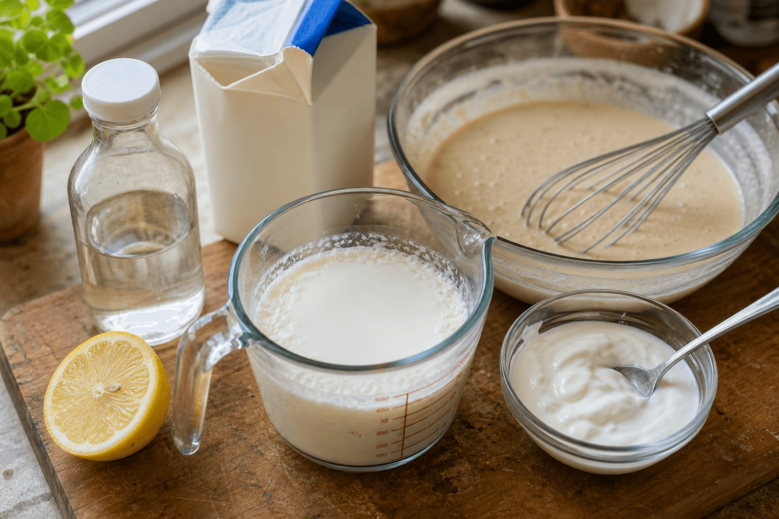 Buttermilk substitute of milk and lemon juice thickening in a glass measuring cup next to pancake batter
