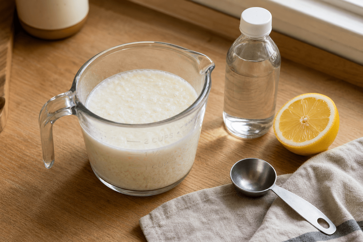 Glass measuring cup of milk and white vinegar curdling into a buttermilk substitute, with a vinegar bottle and a lemon beside it