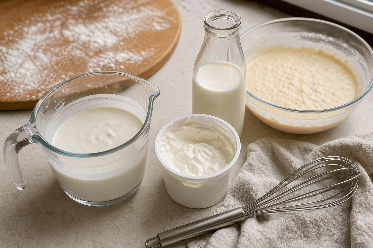 Greek yogurt being whisked with milk in a glass measuring cup as a buttermilk substitute, next to a tub of plain Greek yogurt and a bowl of pancake batter