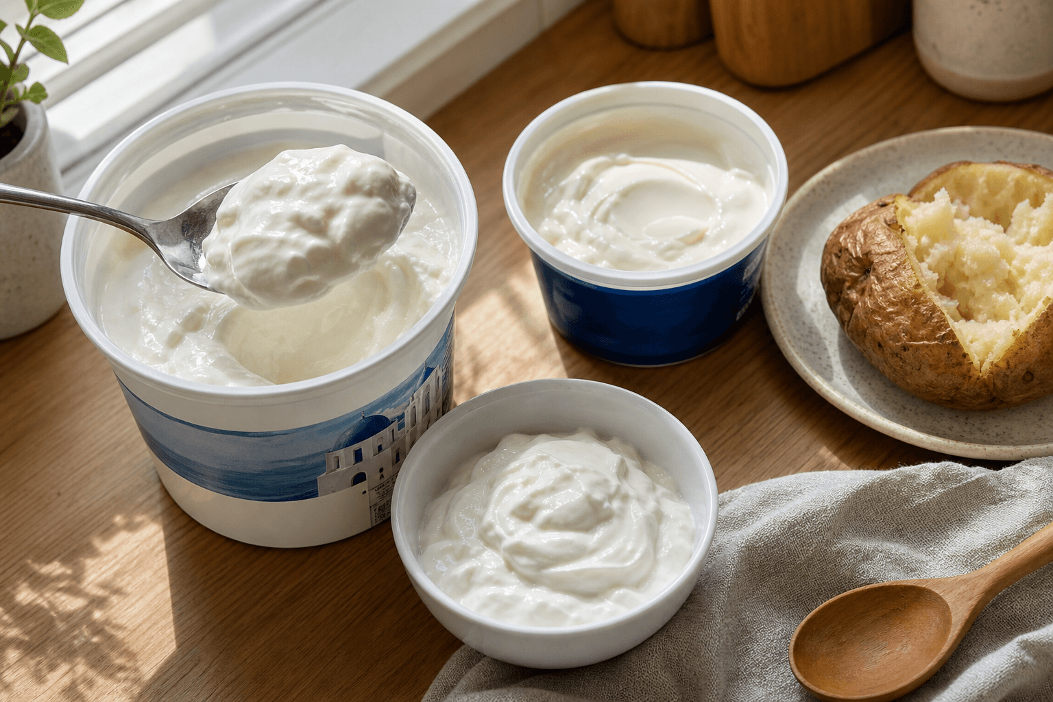 Whole-milk Greek yogurt used instead of sour cream, spooned into a bowl next to an open sour cream container and a baked potato