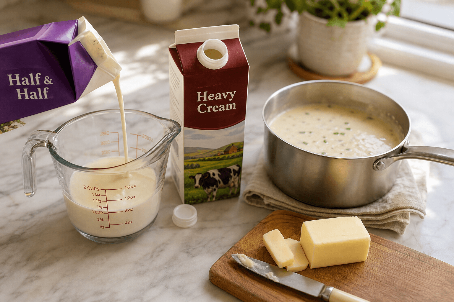 A carton of half and half being poured into a measuring cup next to a carton of heavy cream and a saucepan of cream soup