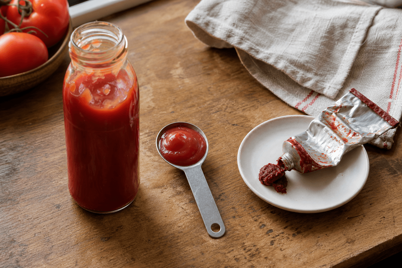 A bottle of ketchup and a tablespoon beside an open tube of tomato paste on a wooden counter, the 1:1 swap for using ketchup instead of tomato paste