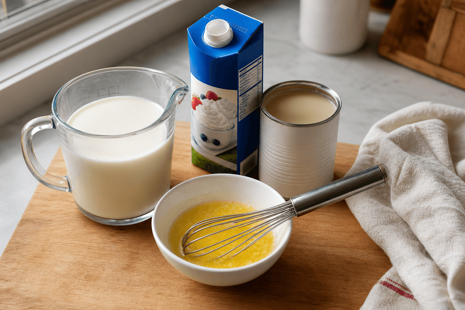 Glass measuring cup of whole milk beside melted butter and a carton of heavy cream, the milk instead of heavy cream substitution