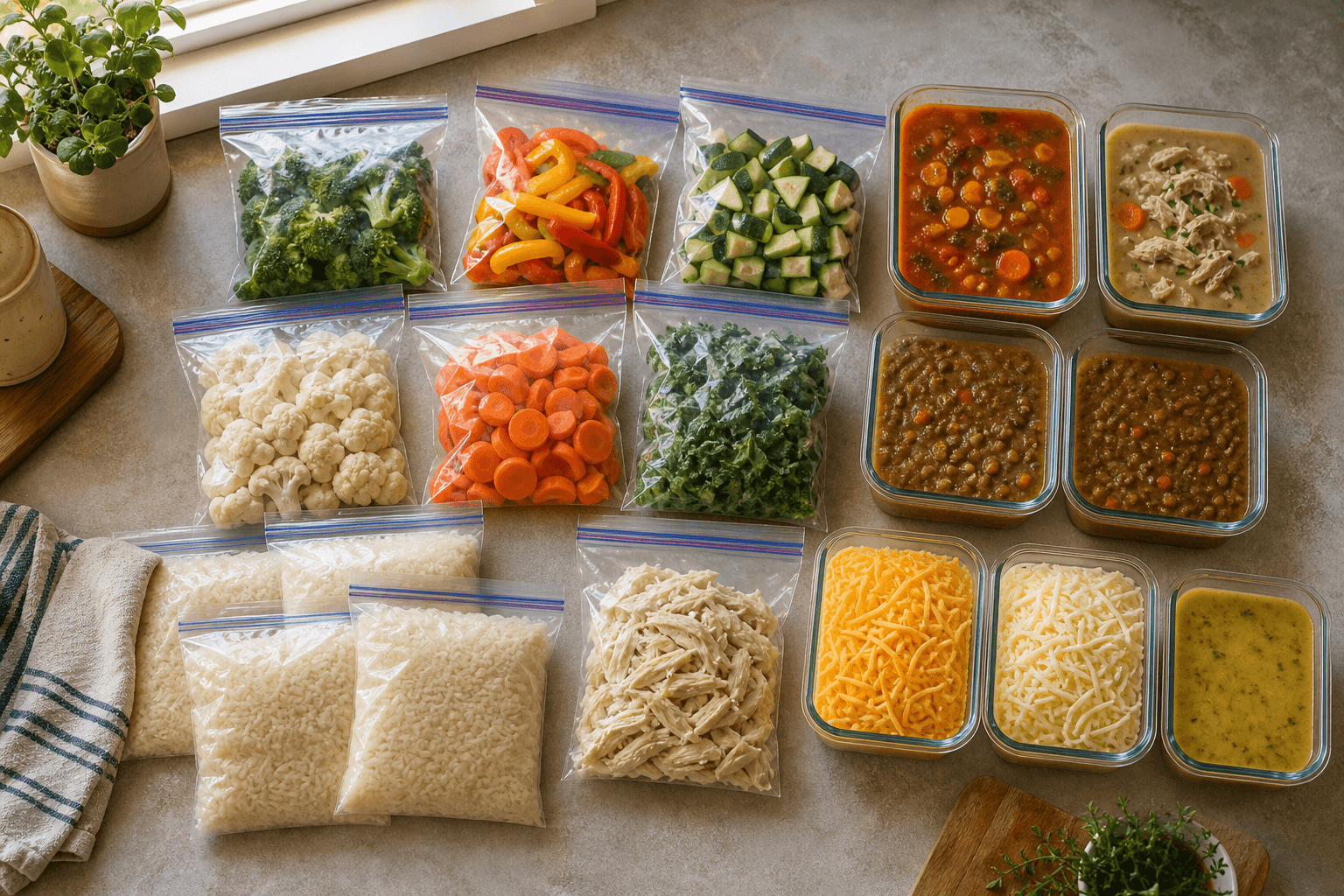 Labeled freezer bags and airtight containers of prepped food being packed for the freezer