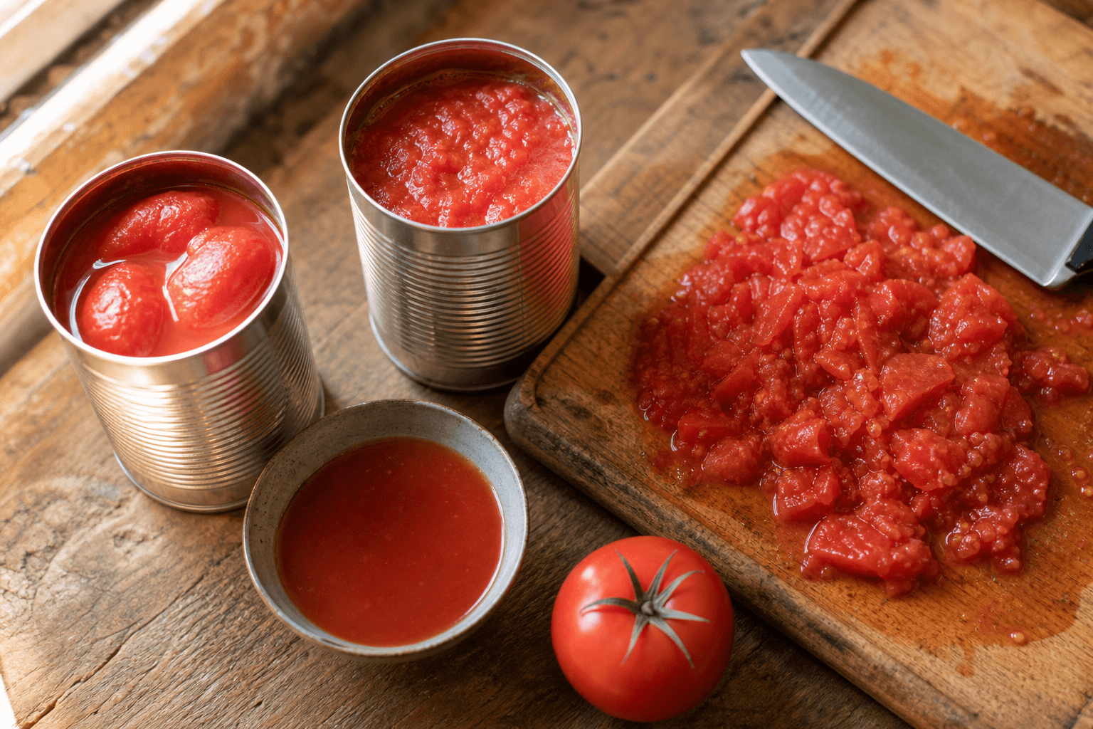 Open cans of whole peeled and crushed tomatoes beside a board of hand chopped tomatoes, substitutes for canned diced tomatoes