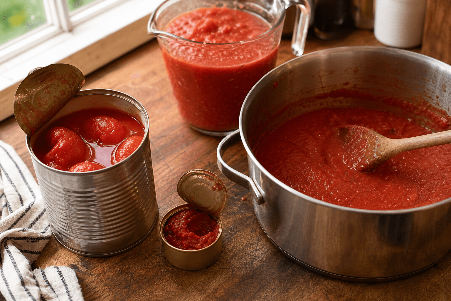 Open can of whole peeled tomatoes next to a saucepan of blended tomato sauce reducing on the stove