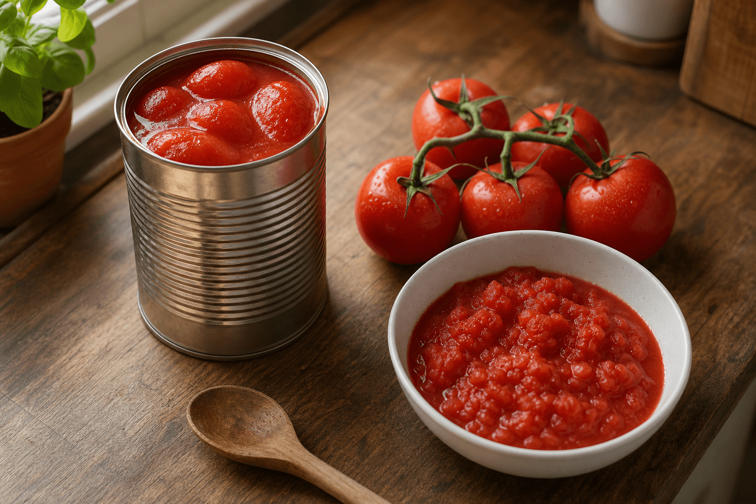 An open 28 ounce can of whole peeled tomatoes next to two pounds of fresh vine tomatoes on a wooden counter, showing the canned tomatoes instead of fresh swap