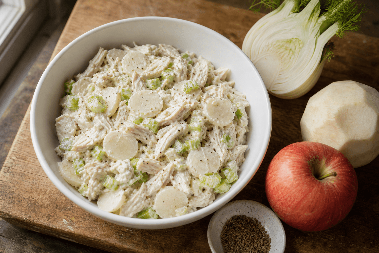 Chicken salad made with sliced water chestnuts as a celery substitute, with fennel, jicama and an apple beside the bowl