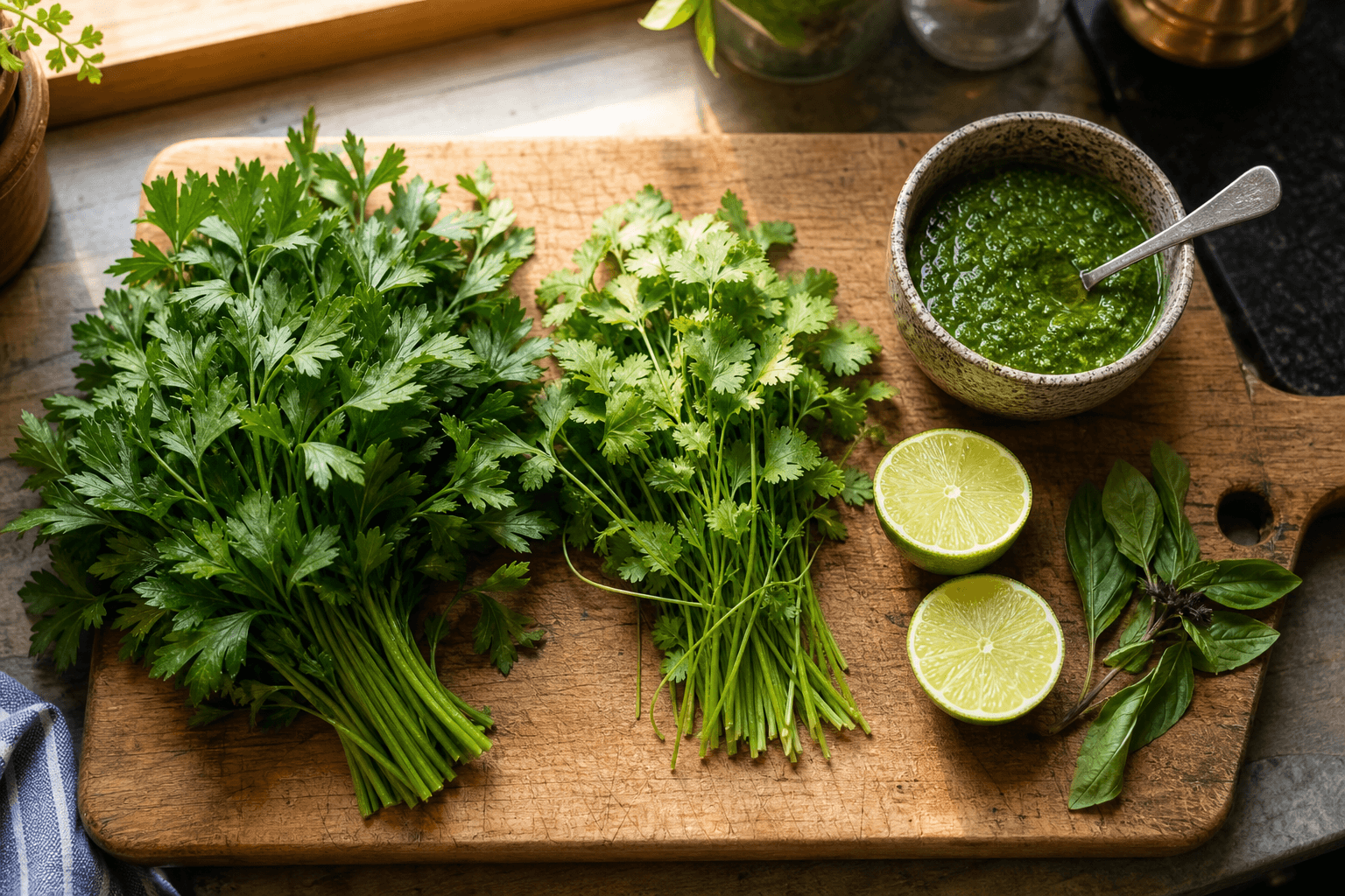 Flat-leaf parsley, limes and a bowl of green sauce on a wooden board, showing a cilantro substitute in sauce