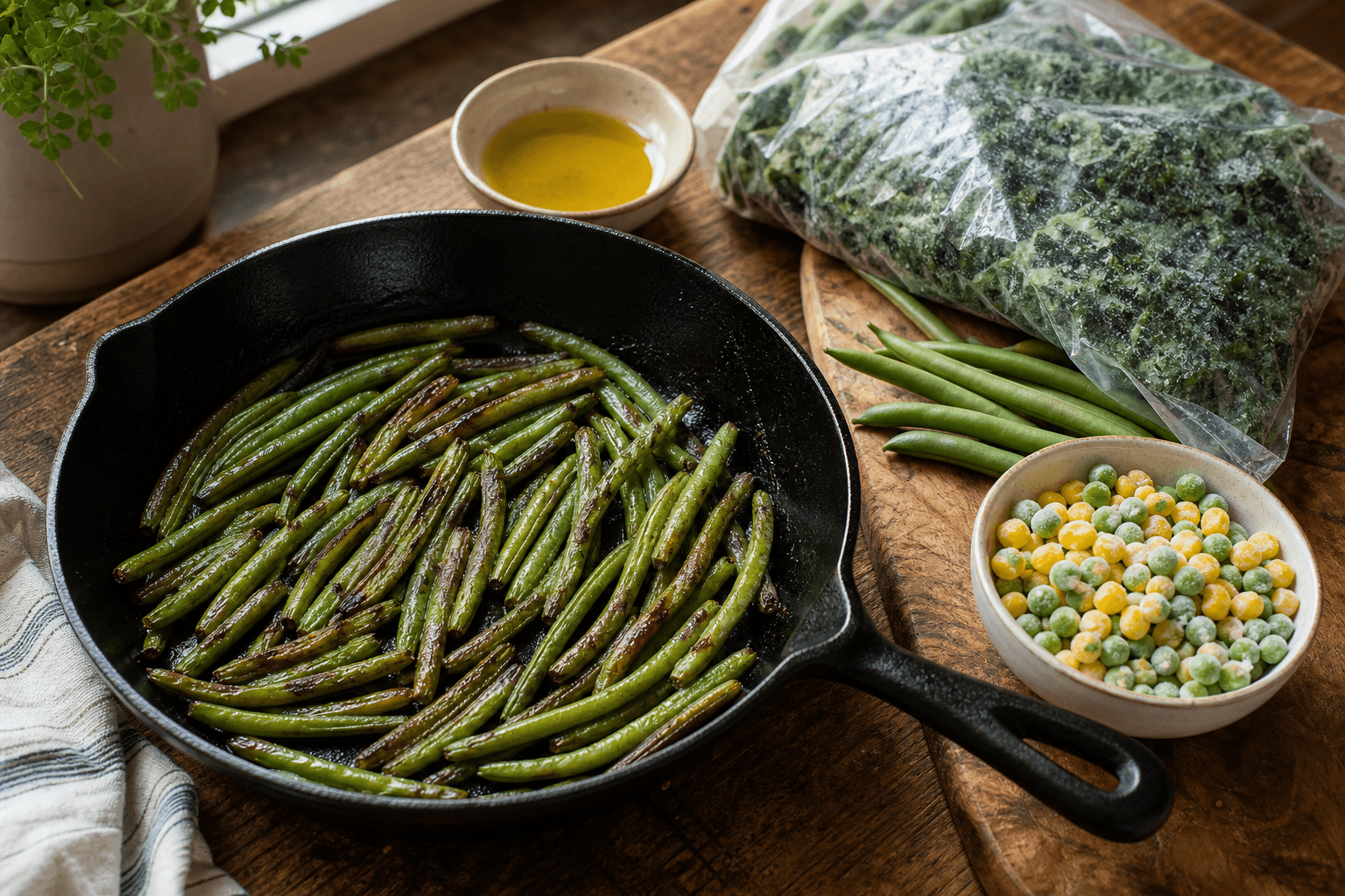 Frozen green beans charring in a hot cast iron skillet beside fresh green beans on a wooden board, cooking with frozen vegetables vs fresh