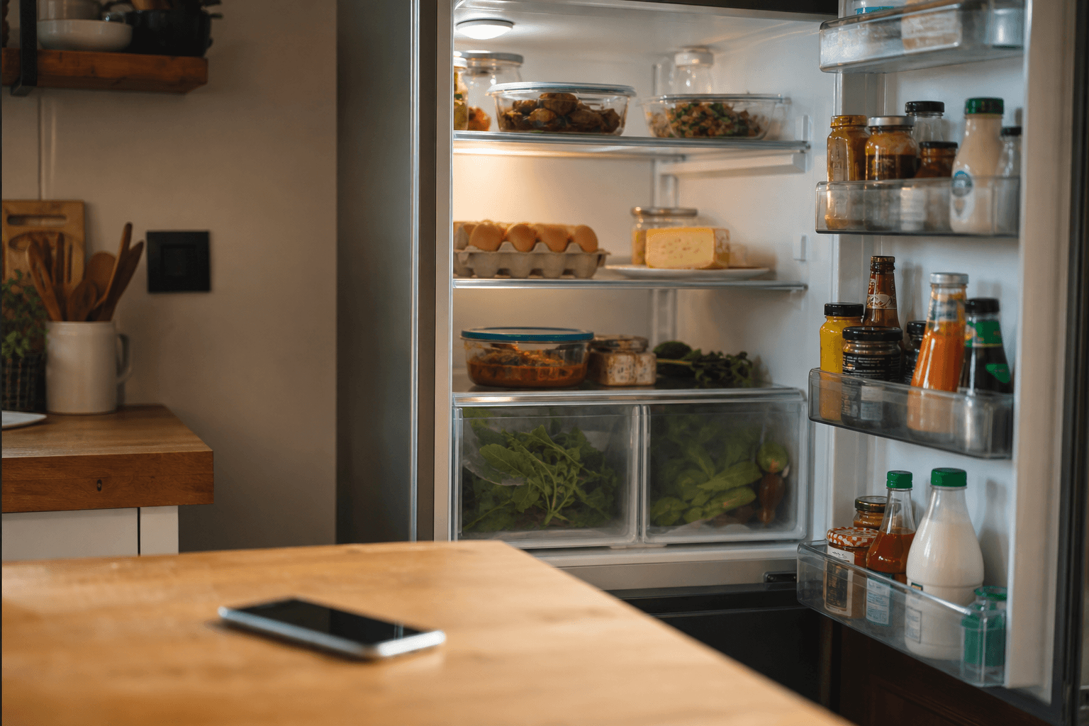 An open fridge stocked with fresh vegetables, eggs and leftovers while a phone on the counter shows a kitchen inventory list
