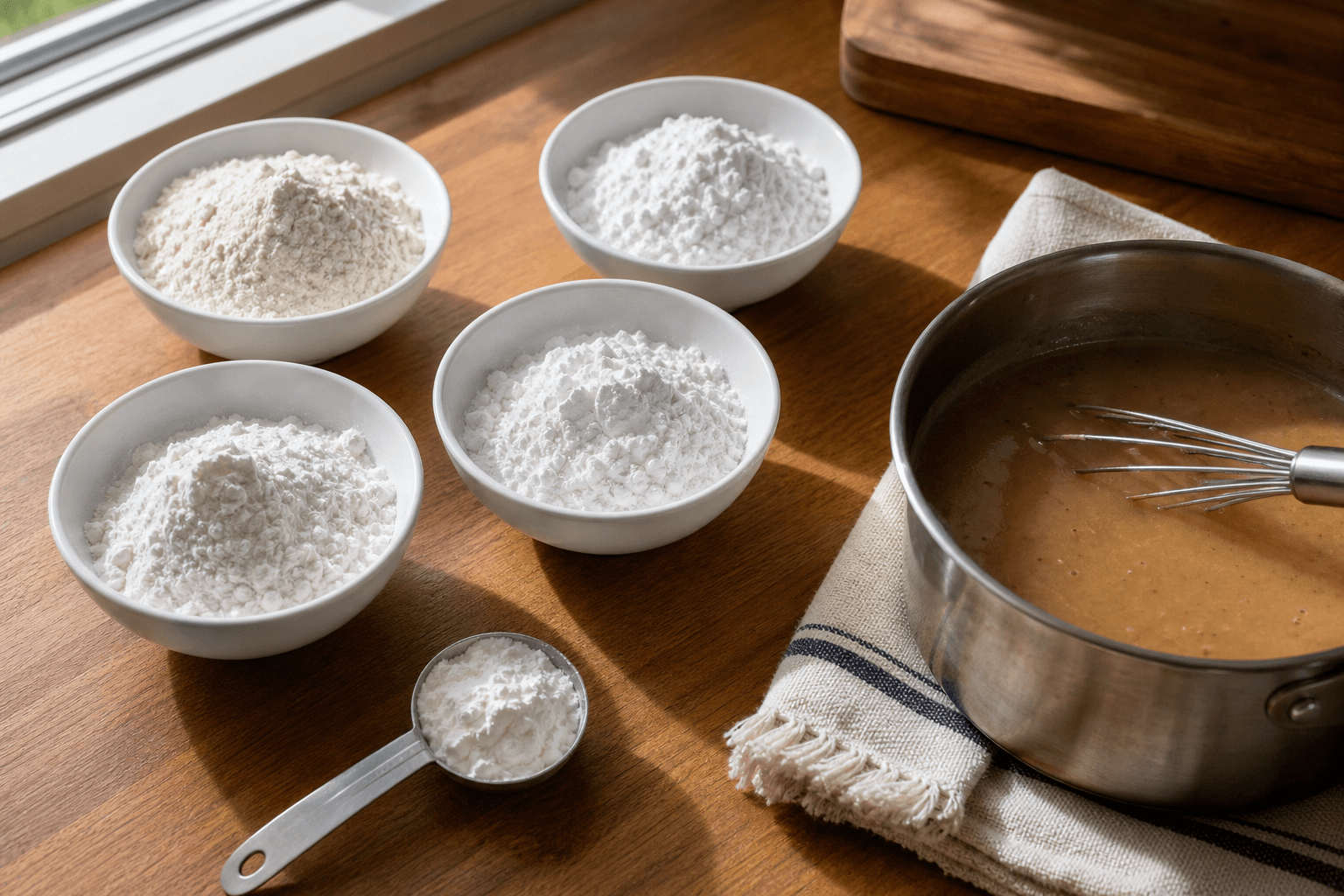 Cornstarch substitutes for thickening in small bowls: all-purpose flour, tapioca starch, potato starch and arrowroot beside a saucepan of gravy