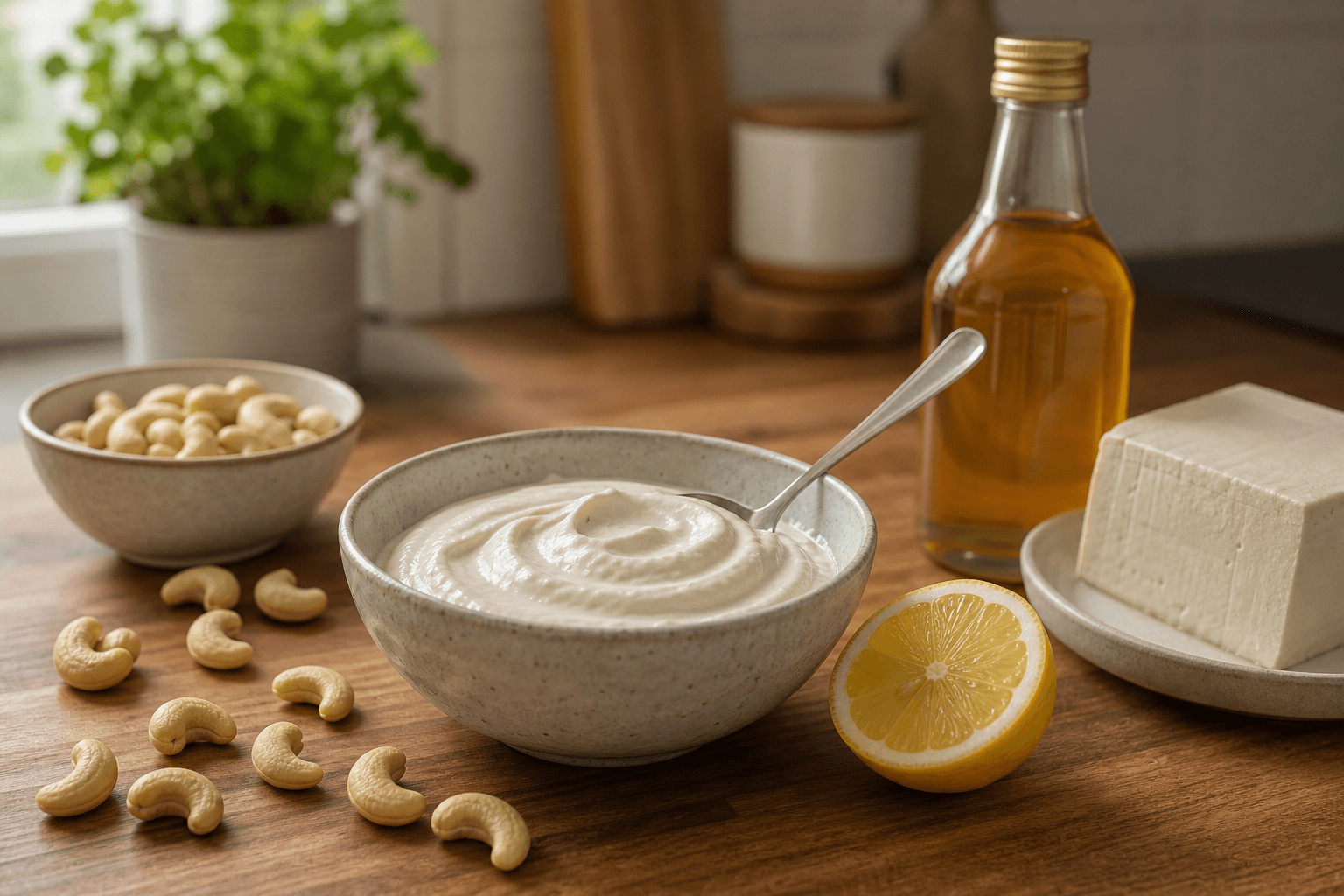 Dairy-free sour cream substitute made from blended cashews in a bowl, with raw cashews, a halved lemon and apple cider vinegar alongside
