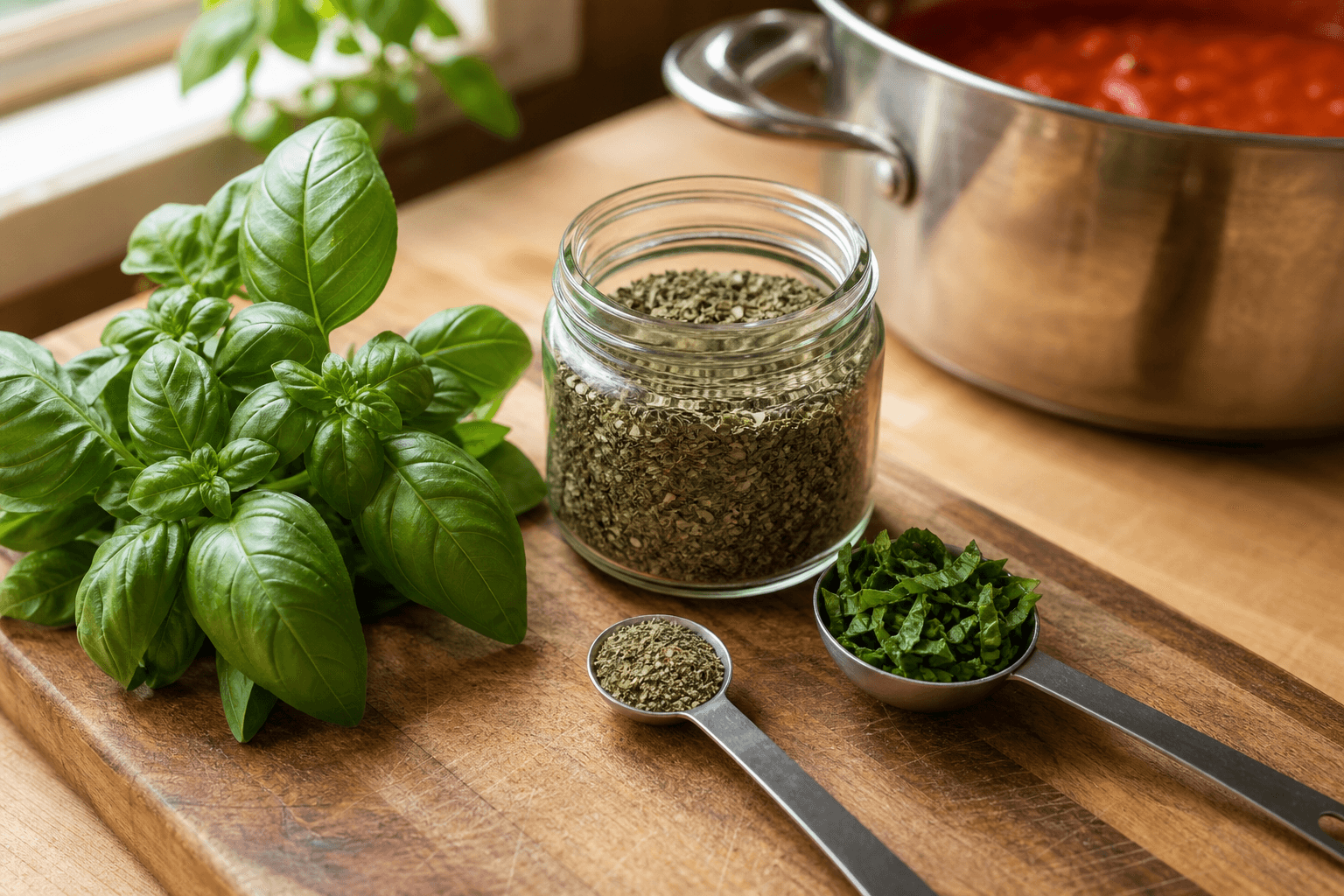 Fresh basil leaves next to a jar of dried basil and a teaspoon measure, showing the dried basil instead of fresh ratio