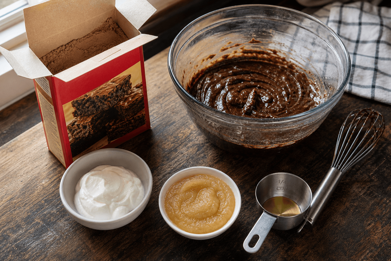Boxed brownie mix batter in a bowl beside plain Greek yogurt and unsweetened applesauce, two egg substitutes for brownie mix