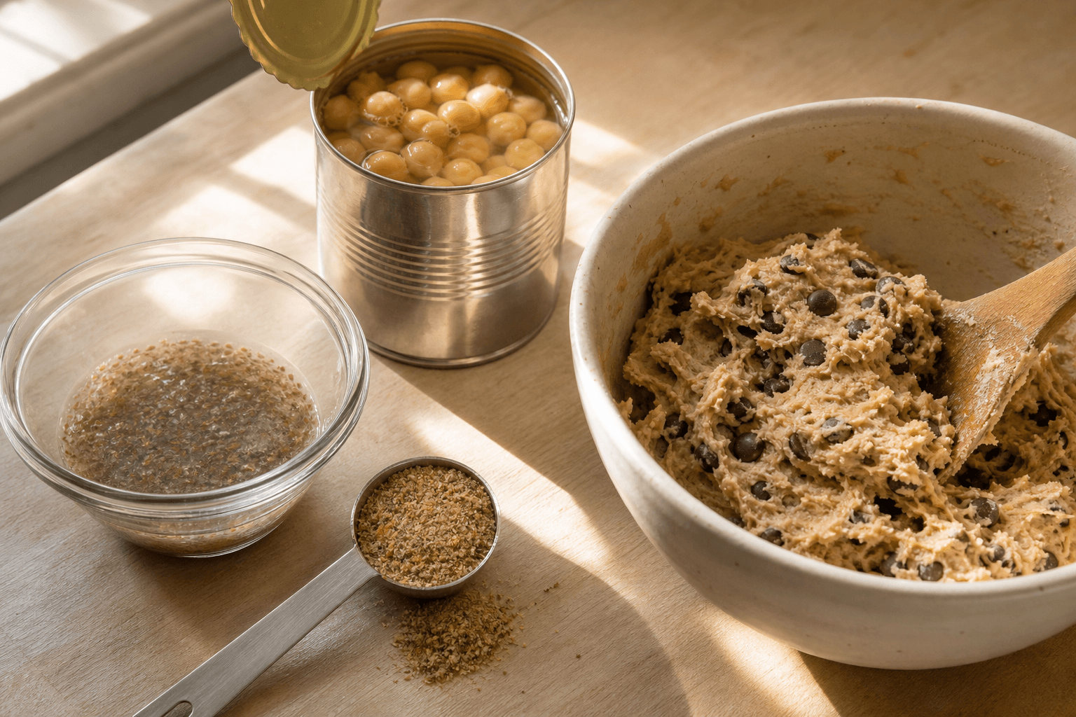 A flax egg gelling in a small glass bowl beside ground flax meal and chocolate chip cookie dough, an egg substitute for cookies