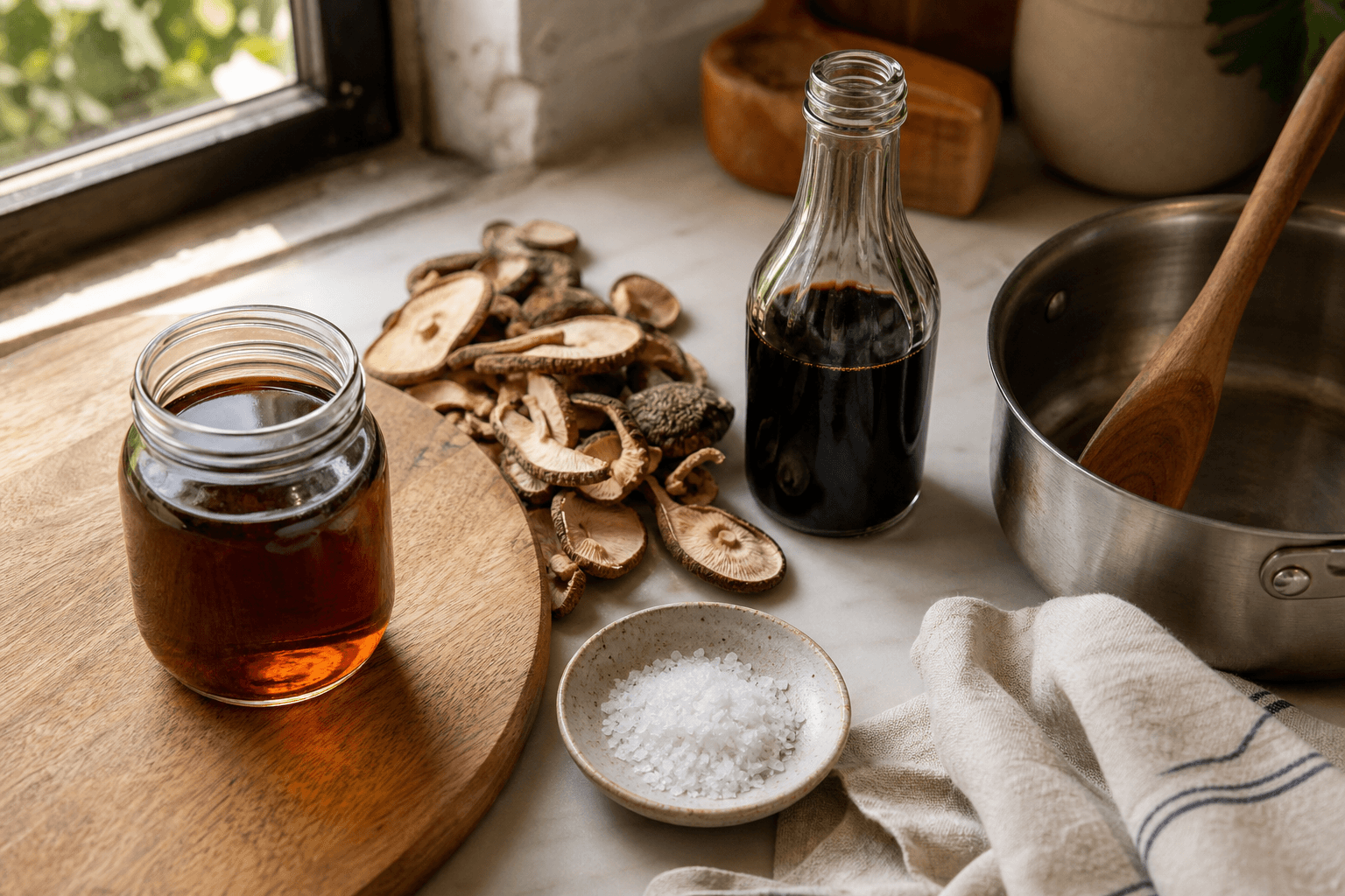 Seafood-free fish sauce substitute in a small glass jar beside dried shiitake mushrooms, a bottle of soy sauce and a dish of salt