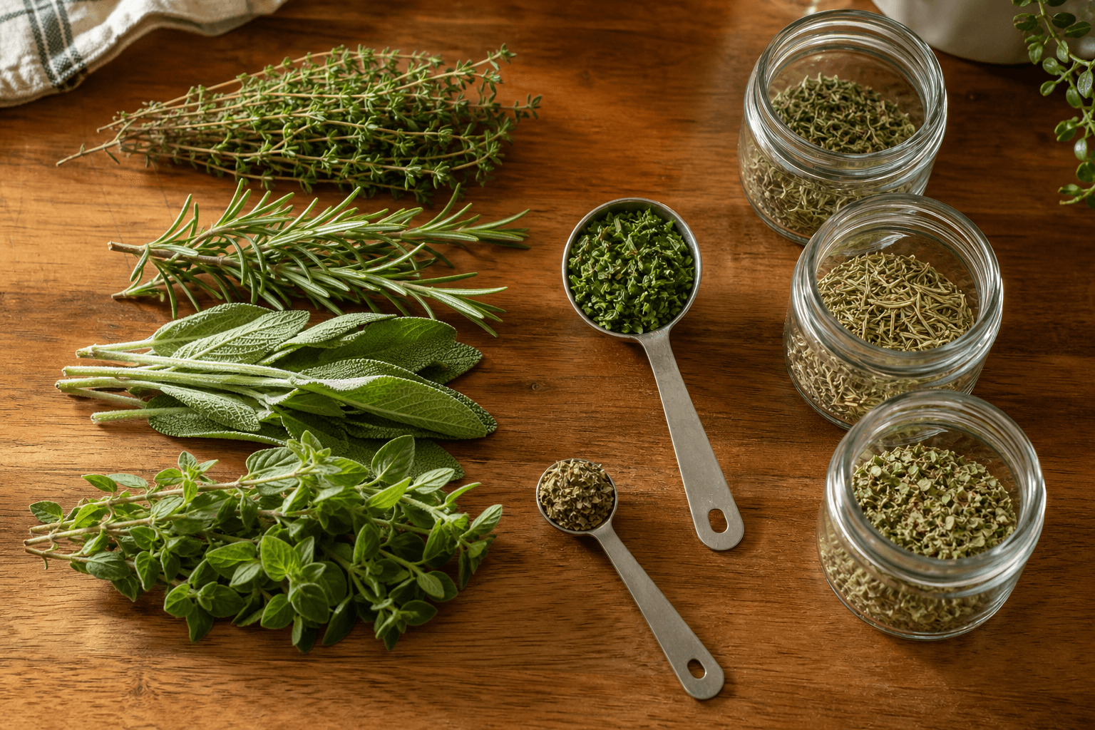 Fresh thyme, rosemary, sage and oregano sprigs beside small jars of the dried versions with a measuring spoon, for a fresh to dried herb conversion chart