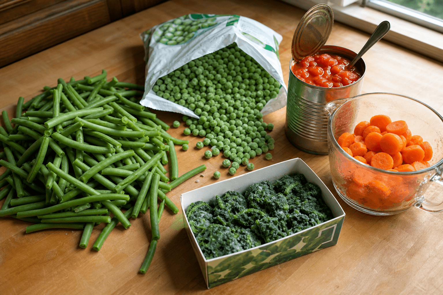 Fresh green beans, a bag of frozen peas and an open can of diced tomatoes side by side on a counter, showing fresh vs frozen vs canned substitution ratios