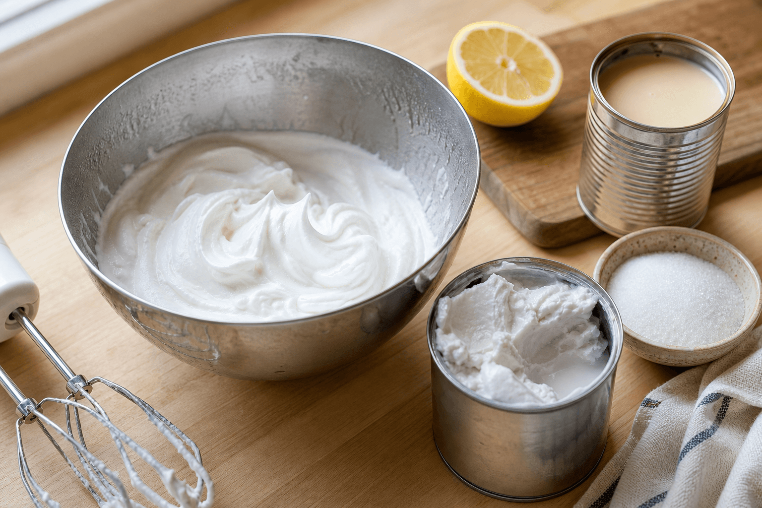 Whipped topping made with a heavy cream substitute in a chilled bowl, beside an open can of full-fat coconut cream and a can of evaporated milk