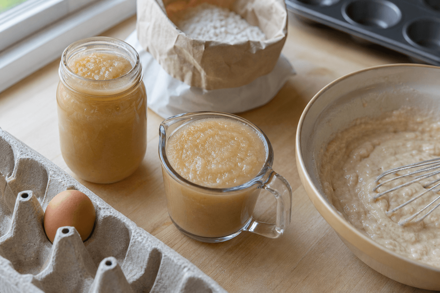 A quarter cup measure of unsweetened applesauce beside a large egg and a bowl of muffin batter on a kitchen counter