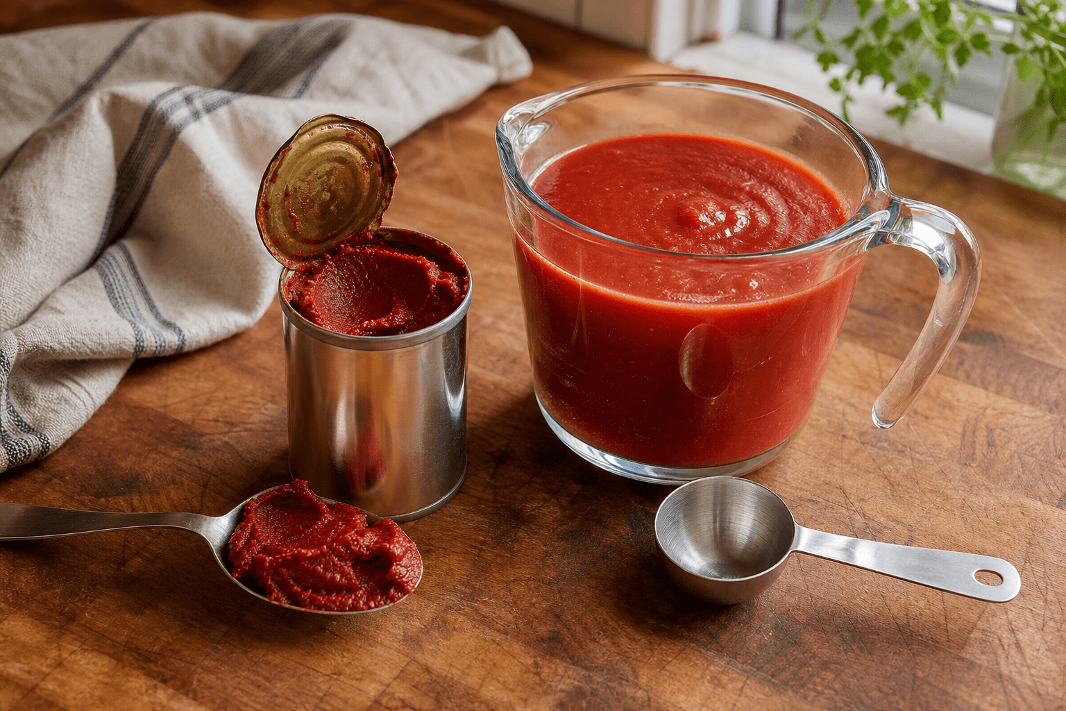 An open 6-ounce can of tomato paste beside a glass measuring cup of tomato sauce, showing how much tomato sauce equals tomato paste