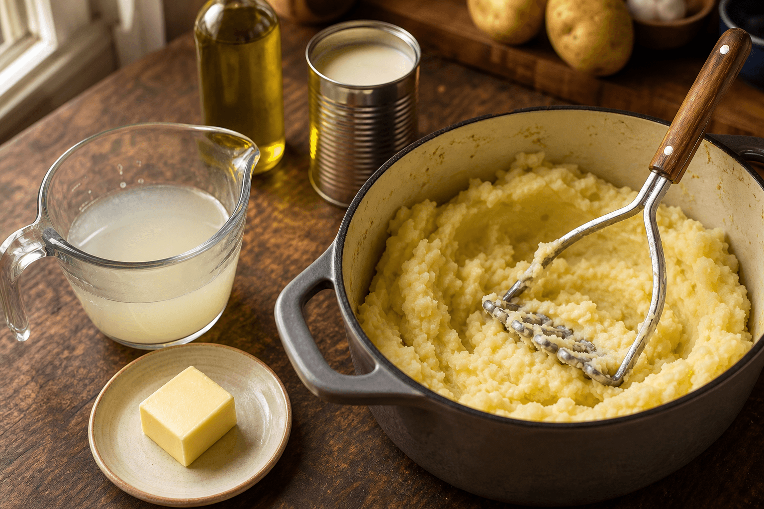Mashed potatoes without milk in a pot beside a measuring cup of reserved potato cooking water and a pat of butter