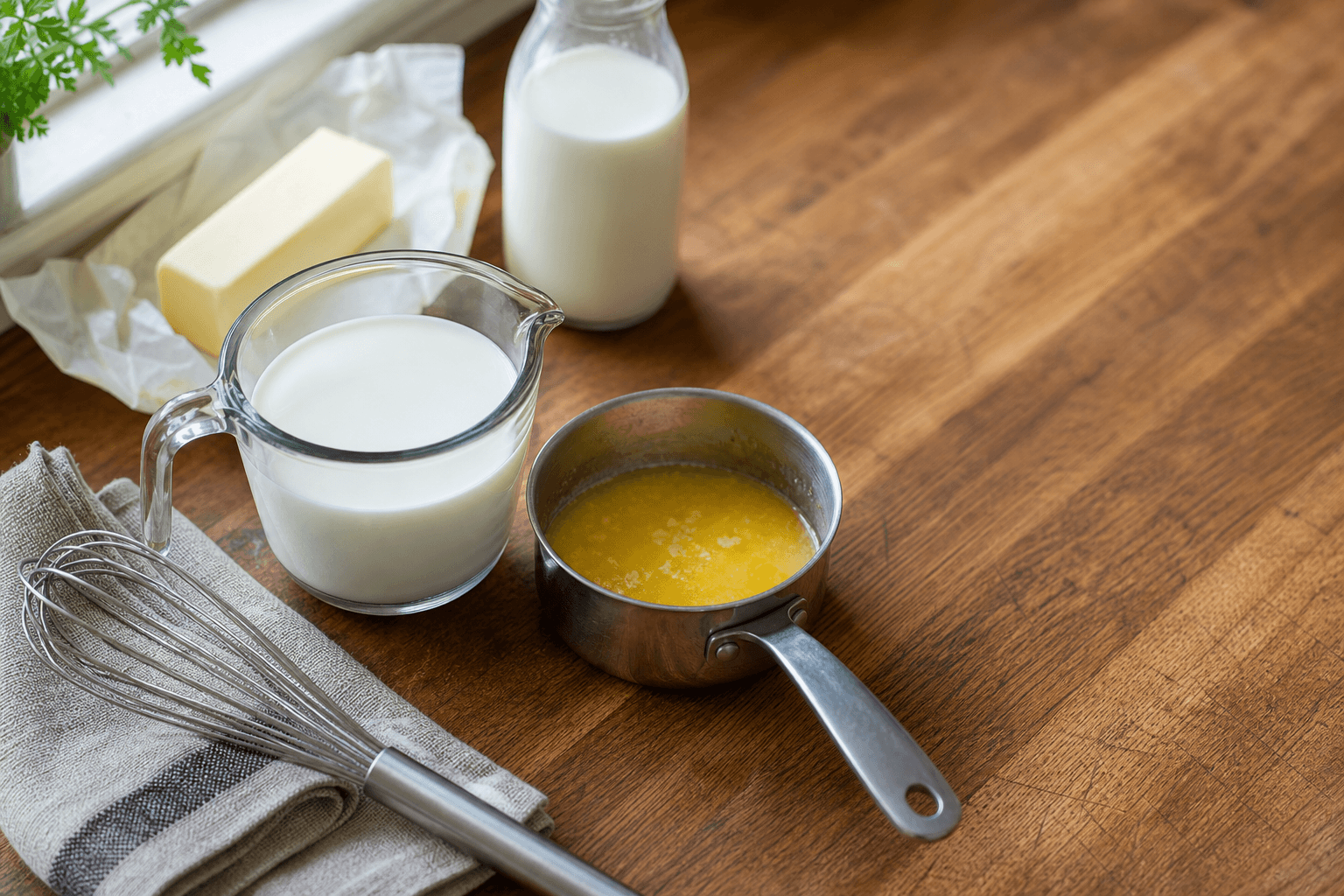 Melted butter being whisked into whole milk in a glass measuring cup, the milk and butter substitute for heavy cream