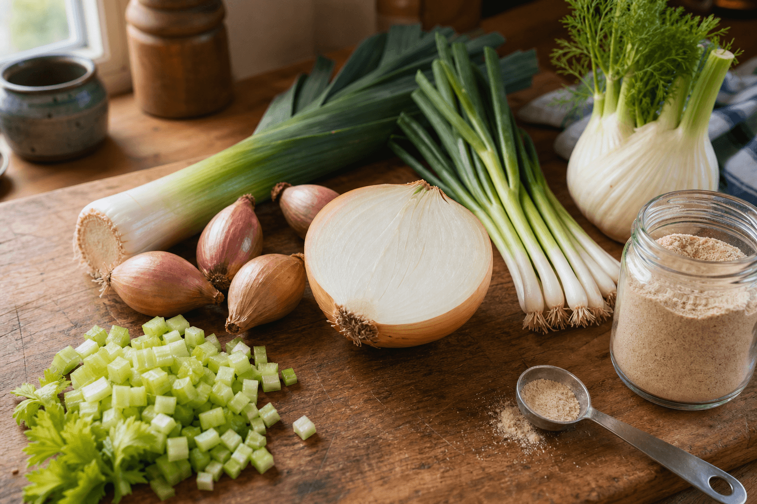 Onion substitutes on a wooden board: shallots, a leek, scallions, a fennel bulb, diced celery and a jar of onion powder beside a halved yellow onion