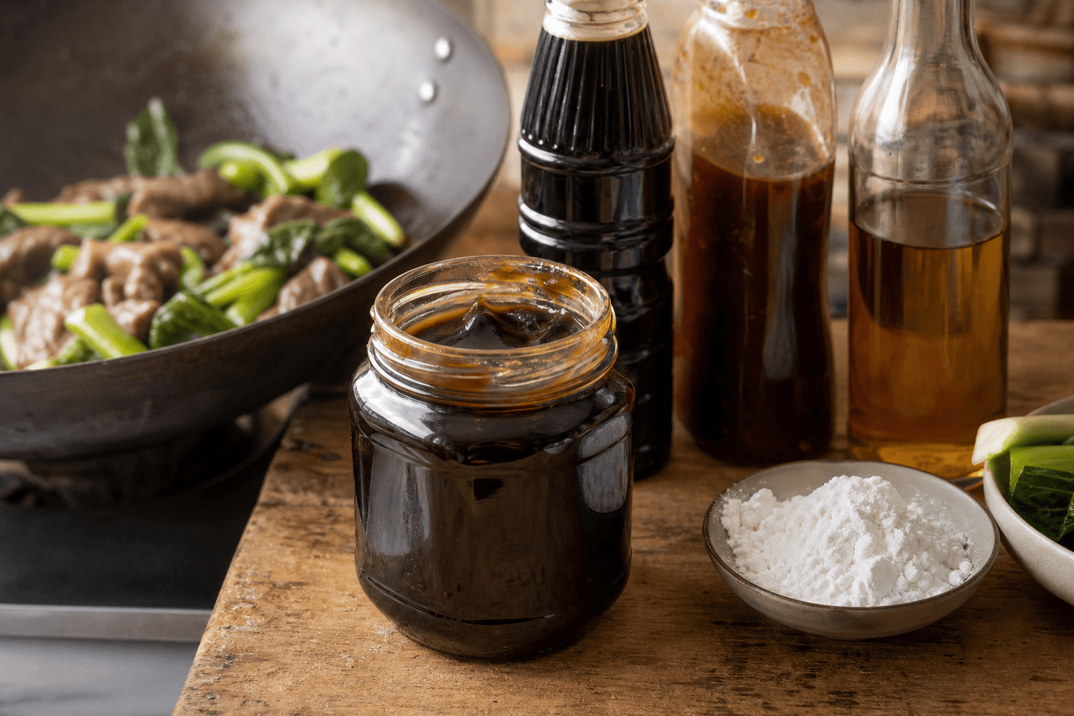 Oyster sauce substitute options: bottles of hoisin, soy sauce and fish sauce beside an open jar of oyster sauce on a kitchen counter