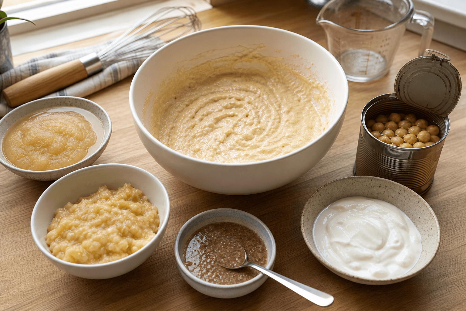 Egg substitutes for baking laid out on a counter: unsweetened applesauce, mashed banana, a flax egg, aquafaba and plain yogurt beside a mixing bowl of batter