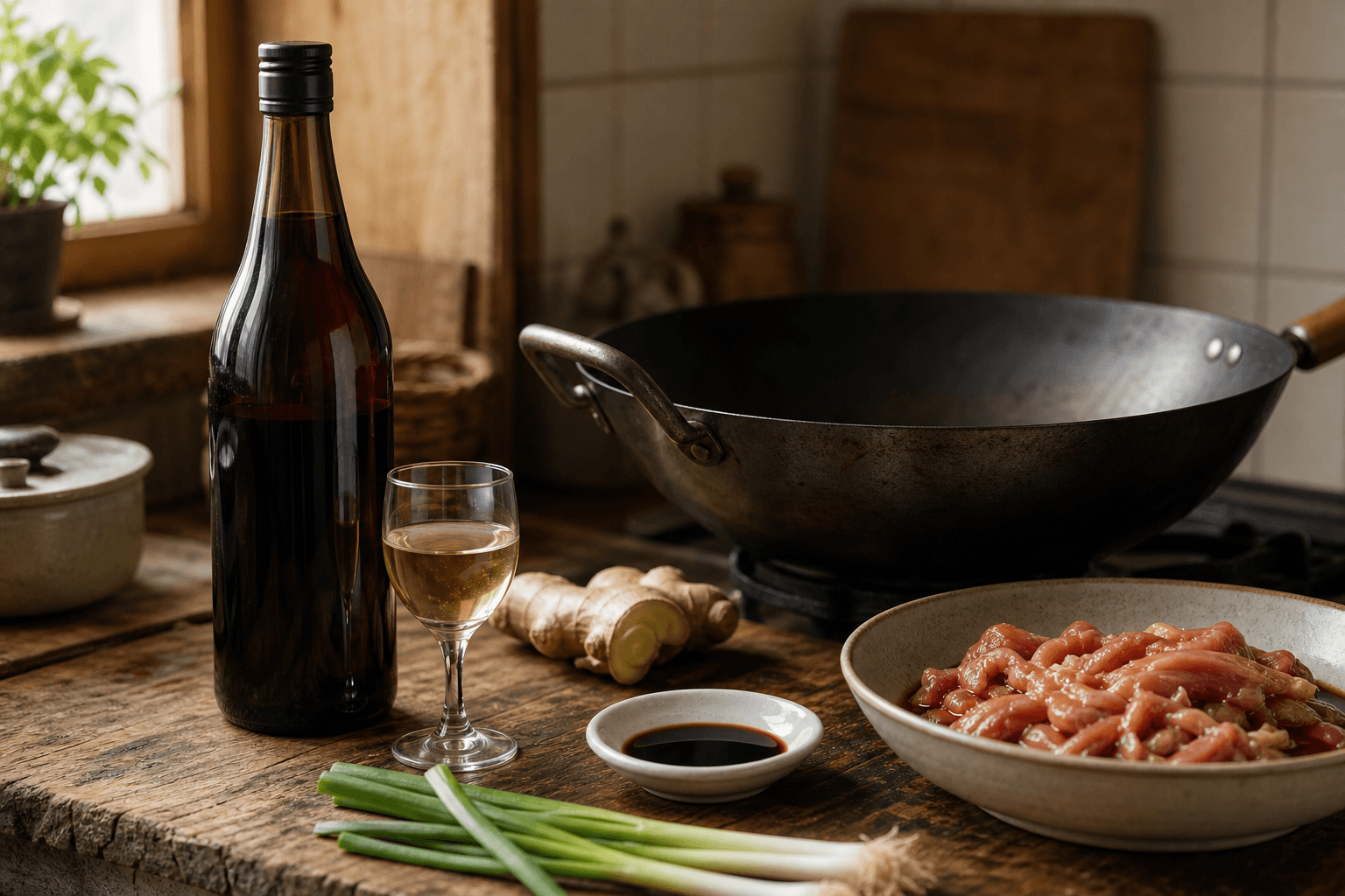 Bottle of Shaoxing wine next to a glass of dry sherry, the 1:1 Shaoxing wine substitute, on a kitchen counter with fresh ginger and scallions
