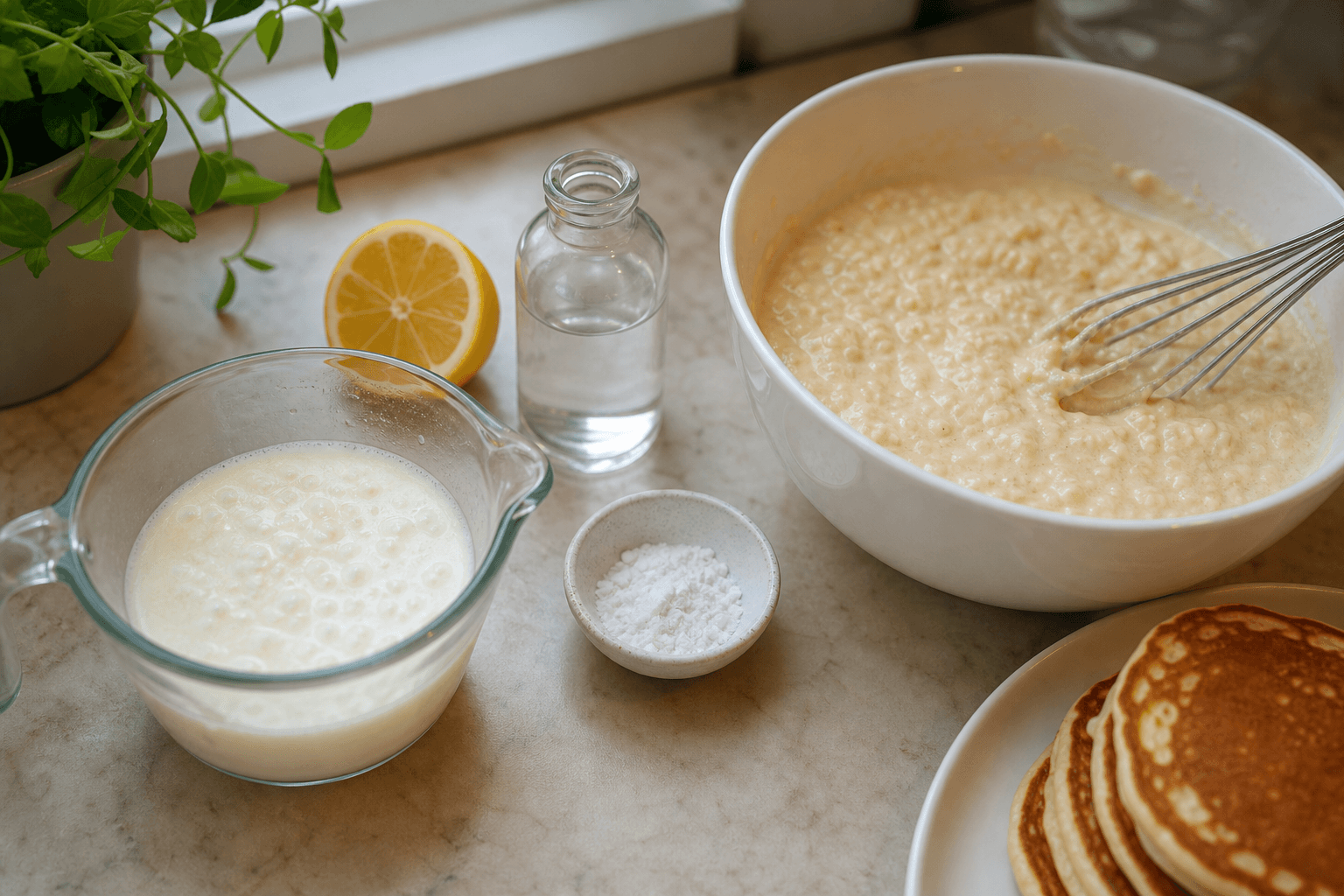 Buttermilk substitute for pancakes: milk, lemon, white vinegar and cream of tartar beside a bowl of pancake batter