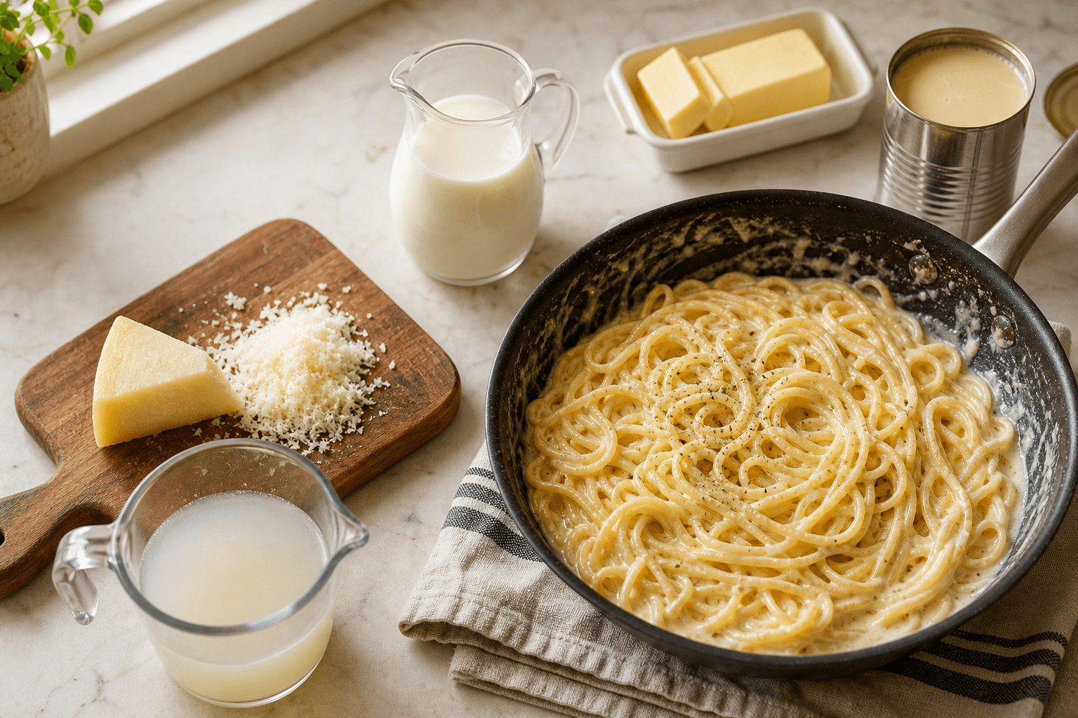 Whole milk, butter, evaporated milk and grated Parmesan beside a skillet of creamy pasta, the common substitutes for heavy cream in pasta sauce