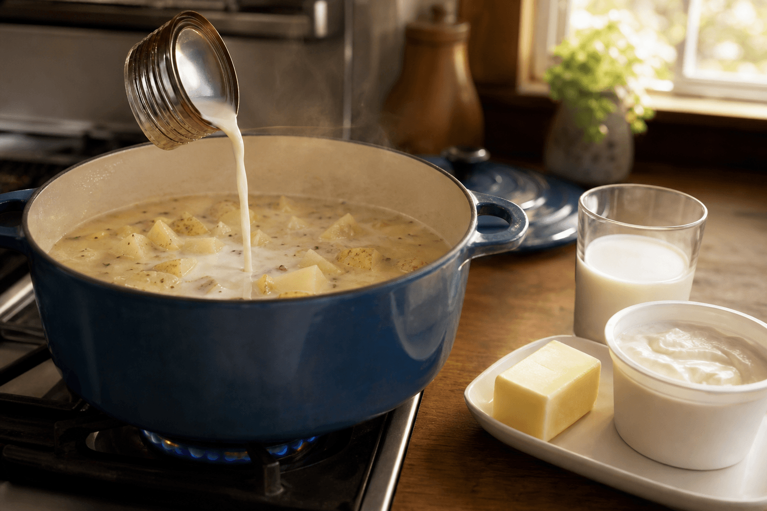 Evaporated milk poured into a pot of potato soup as a substitute for heavy cream in soup