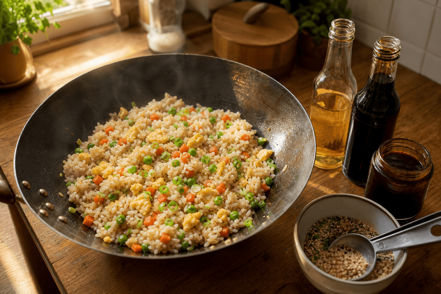 Wok of fried rice beside bottles of light soy sauce, dark soy sauce and hoisin, a substitute for oyster sauce in fried rice