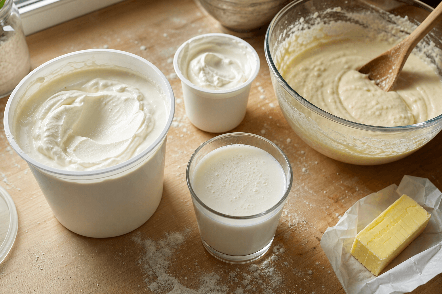 Tub of plain whole-milk yogurt next to sour cream, buttermilk and a bowl of cake batter, showing a substitute for sour cream in baking