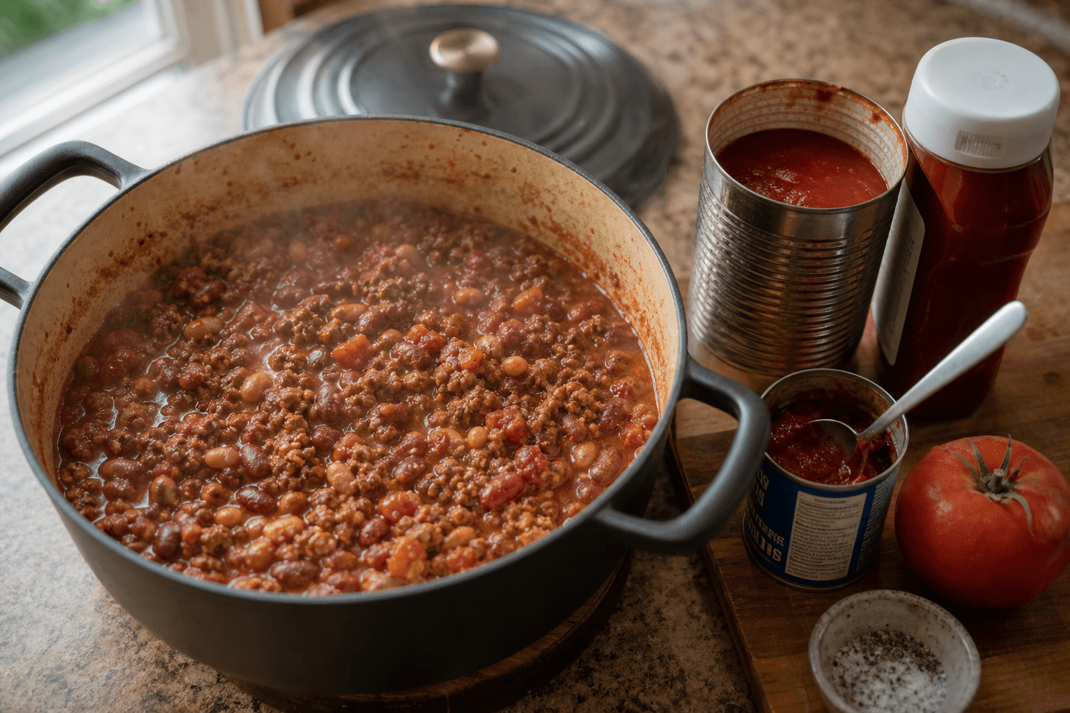 Pot of chili simmering beside an open can of tomato sauce and a bottle of ketchup, two substitutes for tomato paste in chili