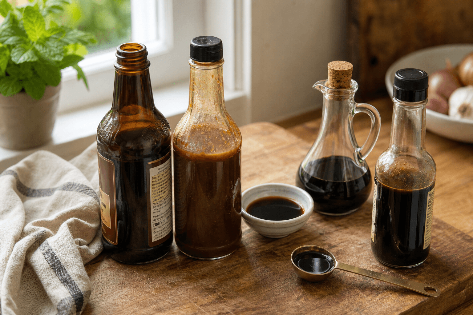Bottles of steak sauce, soy sauce and balsamic vinegar beside a bottle of Worcestershire sauce as substitutes on a kitchen counter