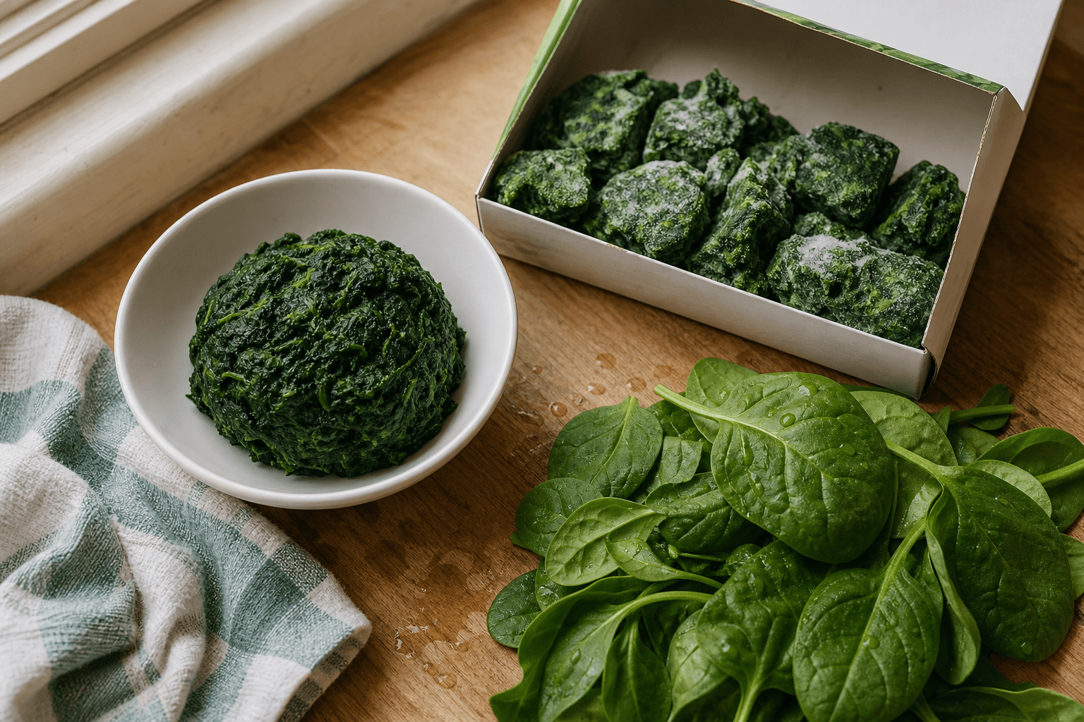 Thawed frozen chopped spinach squeezed dry in a bowl beside fresh baby spinach leaves