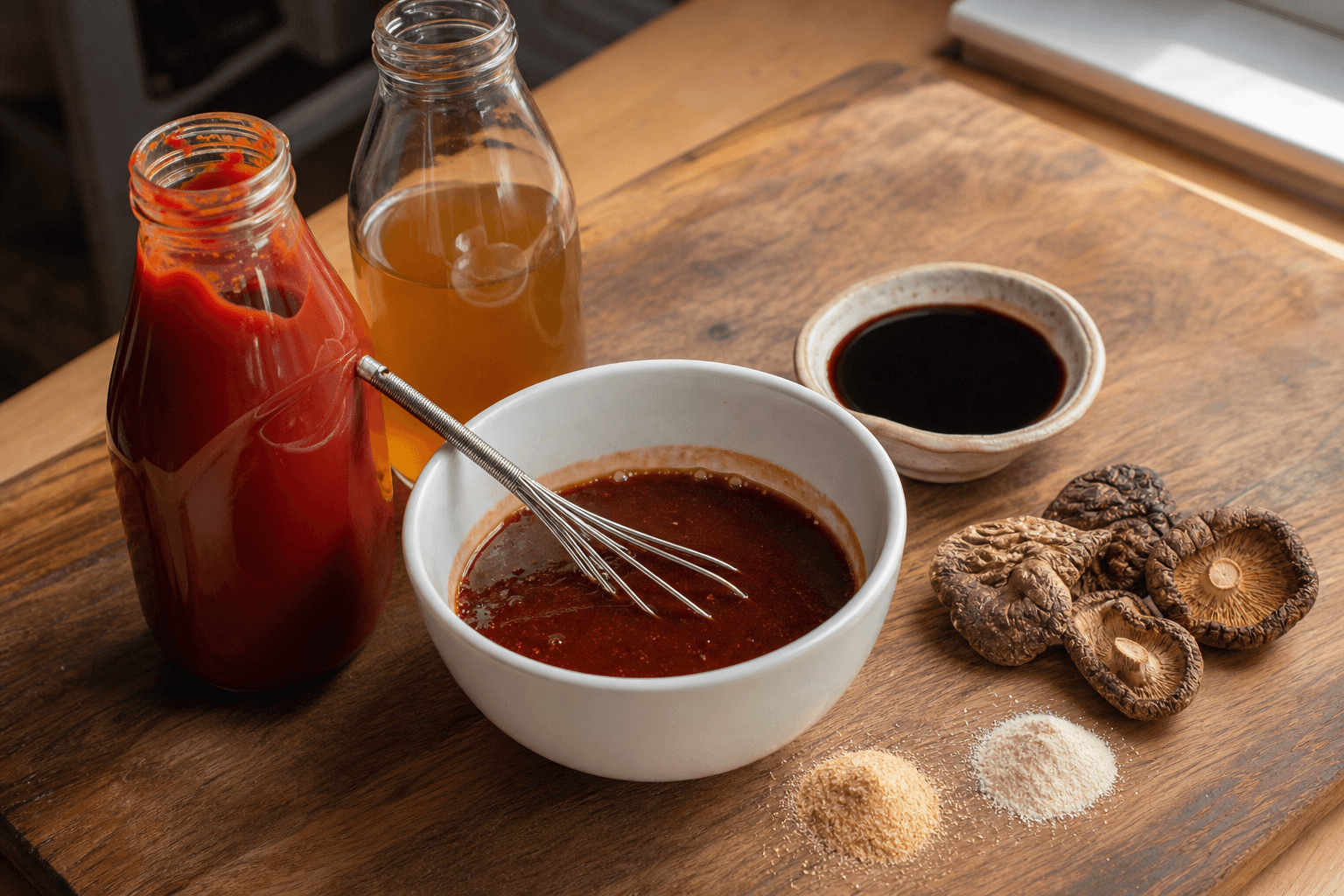 Small bowl of homemade vegan substitute for Worcestershire sauce beside ketchup, apple cider vinegar, soy sauce and dried shiitake mushrooms