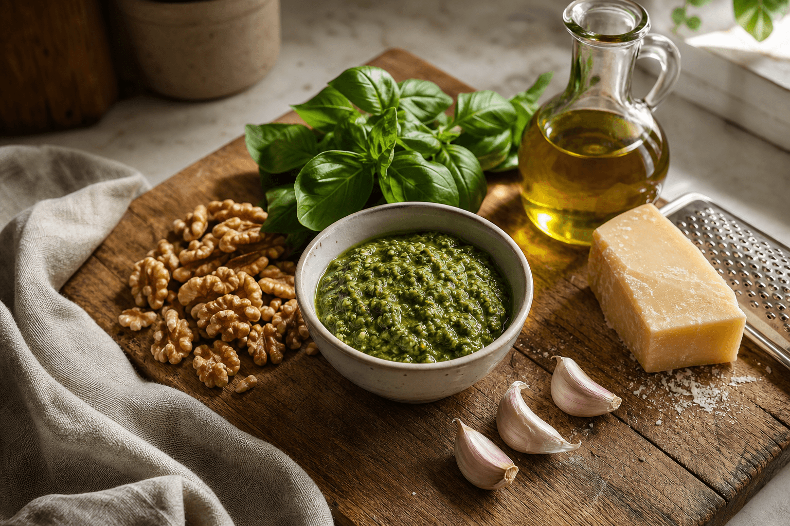 Toasted walnuts, fresh basil leaves, garlic and Parmesan on a wooden board next to a bowl of walnut pesto