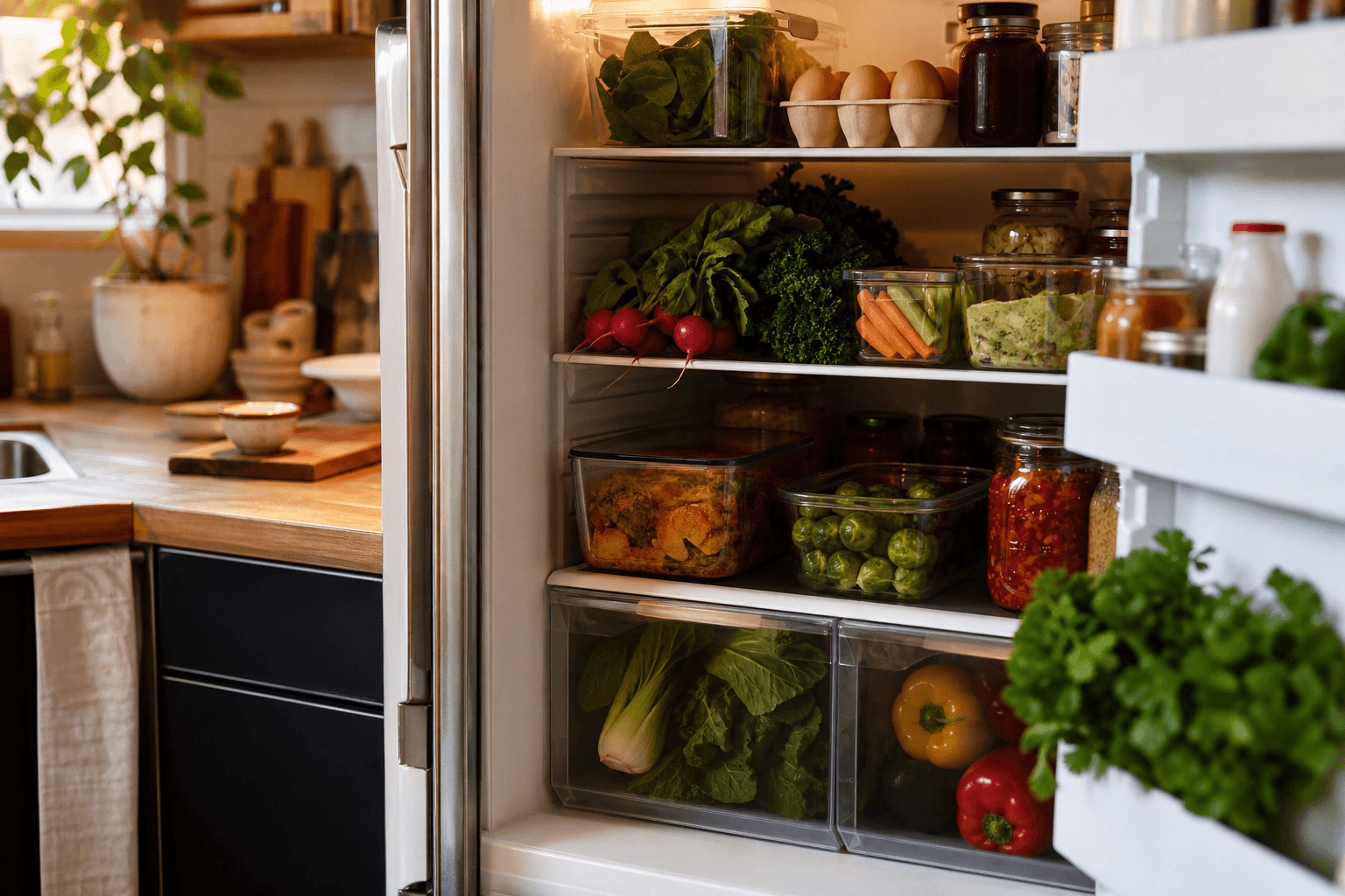 An open, well-stocked refrigerator in a home kitchen with fresh vegetables, eggs, and leftovers in glass containers