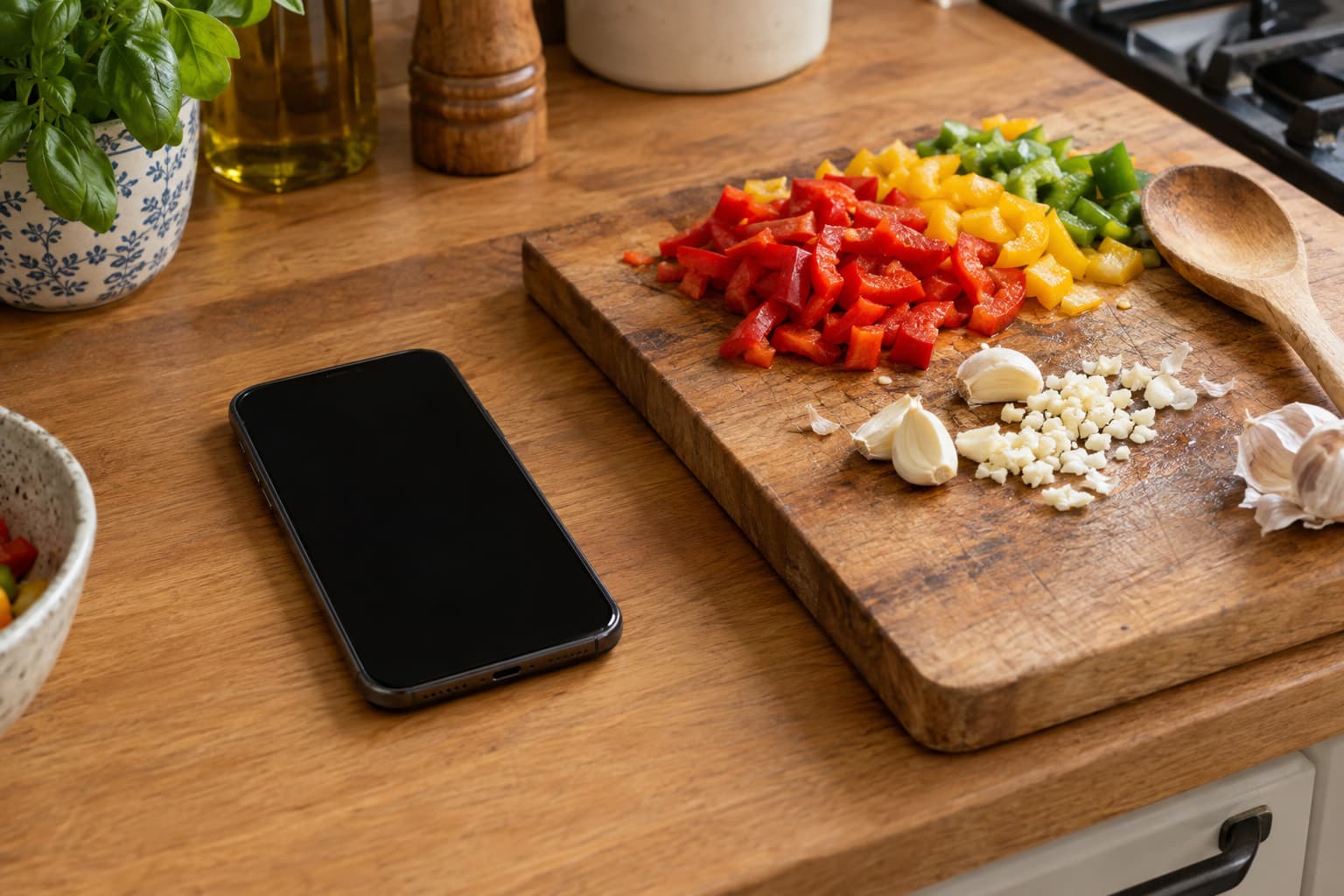 A phone on a kitchen counter beside chopped vegetables and a wooden spoon, ready to save a recipe from Instagram