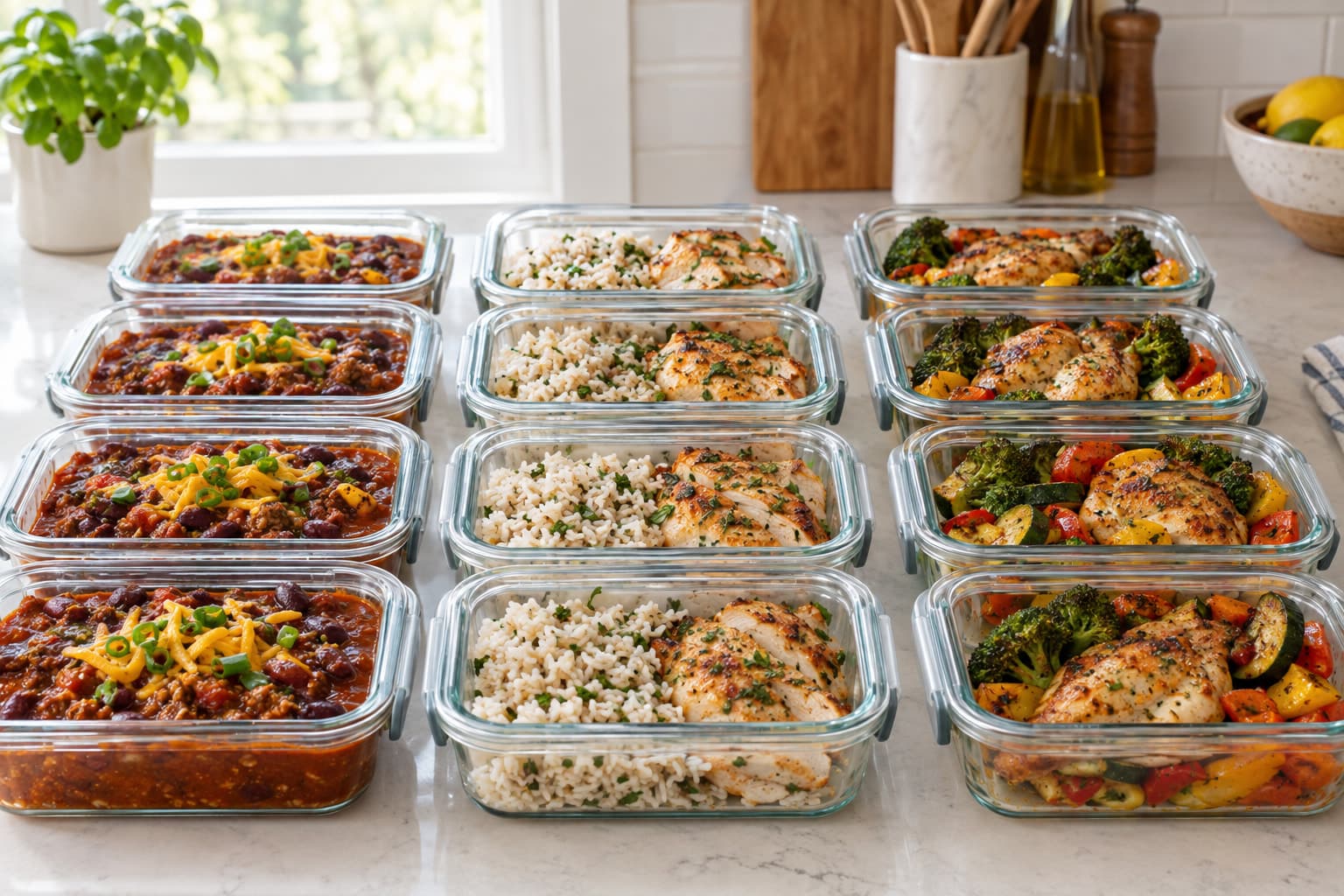 Rows of glass meal prep containers filled with chili, rice and roasted chicken lined up on a kitchen counter