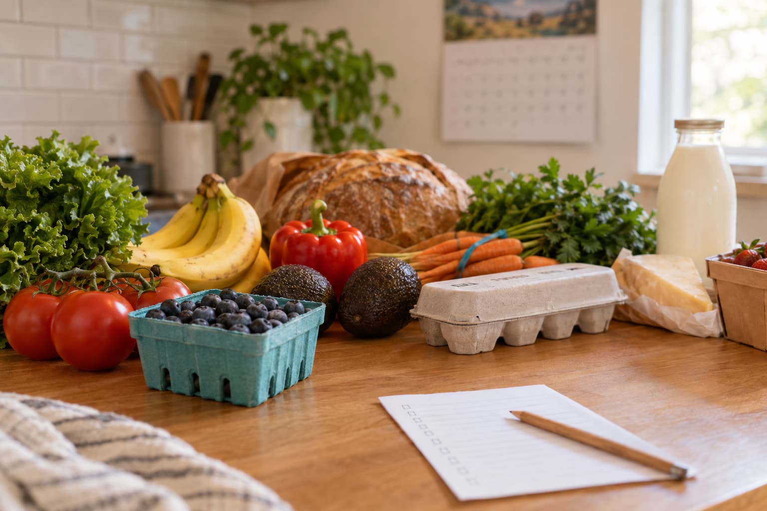 A family kitchen table with a grocery list, a wall calendar and fresh groceries, for a family organizer app comparison