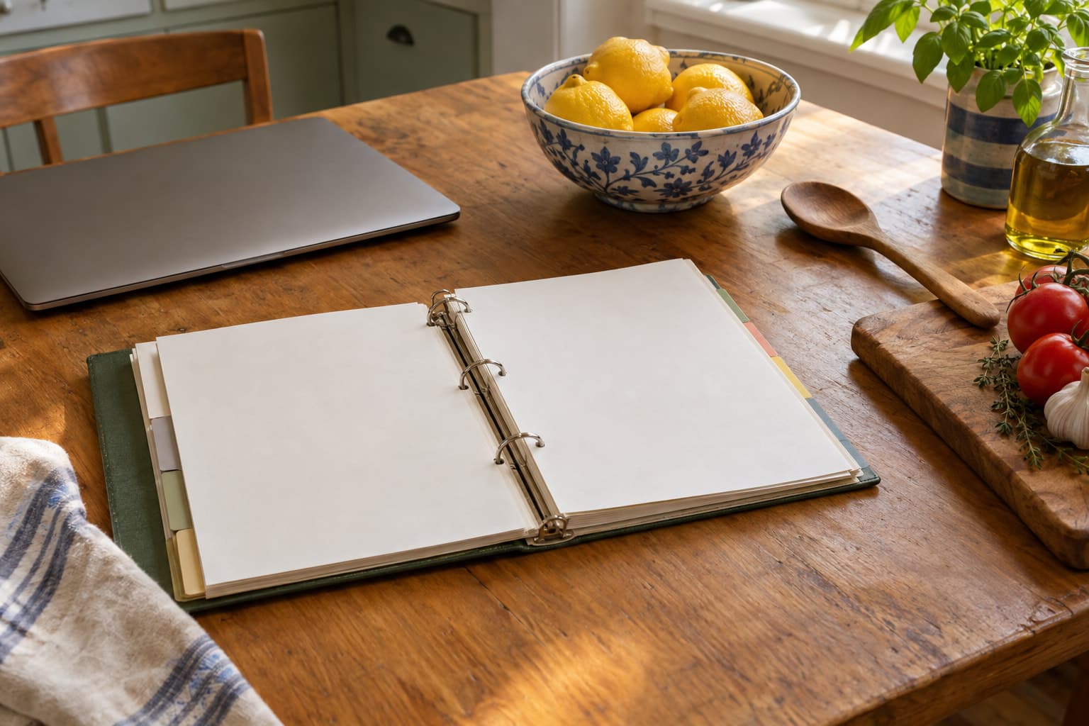 A blank-paged recipe binder open on a wooden kitchen table beside a closed laptop, a bowl of lemons and a wooden spoon, for a Google Docs recipe book template