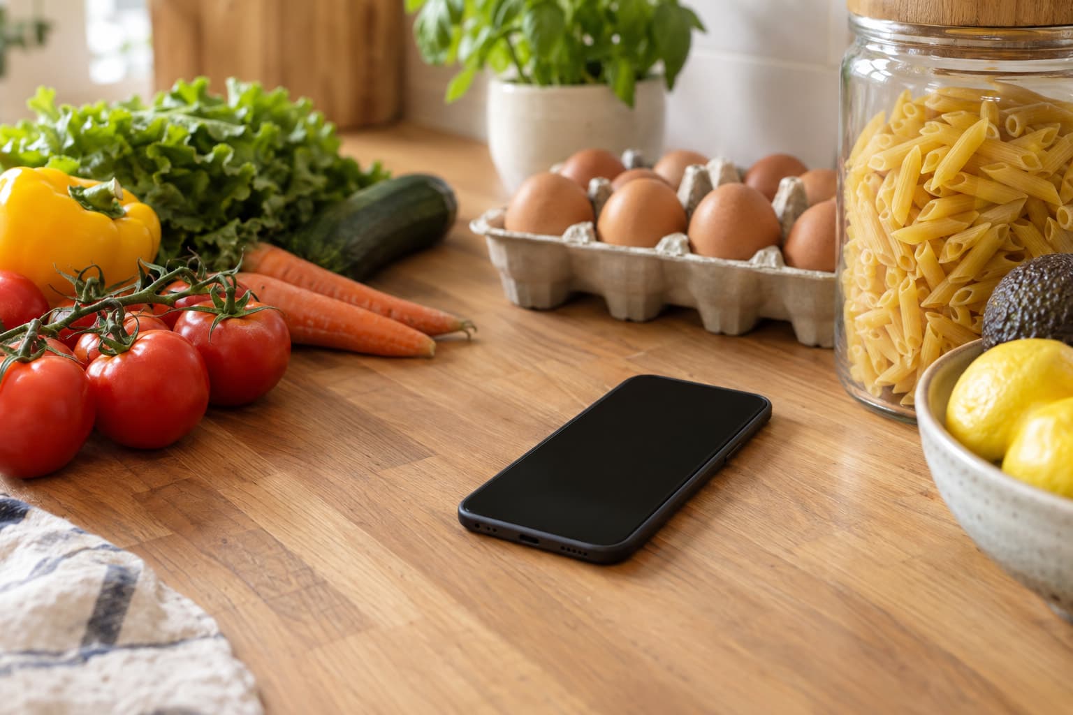 A smartphone on a kitchen counter beside fresh vegetables, a carton of eggs and a jar of pasta, for a Google Keep grocery list