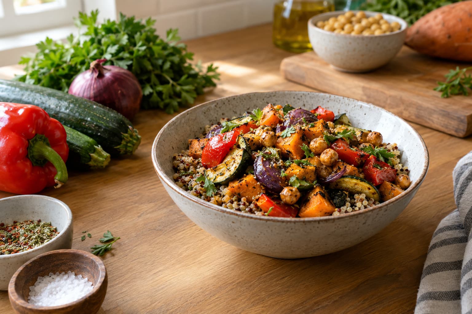 A bowl of roasted vegetables and grains on a kitchen table, representing healthy food recipe apps free to use